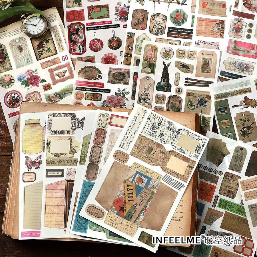 Vintage dekorative Etiketten Aufkleber für Scrapbooking und DIY, 6 Blatt pro Packung, Mehrfarbig - Bild 2