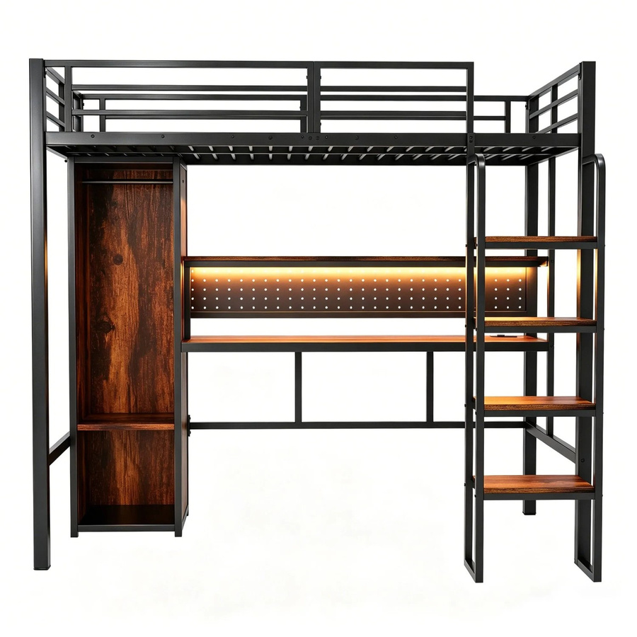 Merax Hochbett mit Schreibtisch und LED-Unterbettbeleuchtung in Schwarz, B/T/H: 90 x 200 x 208 cm - Bild 2