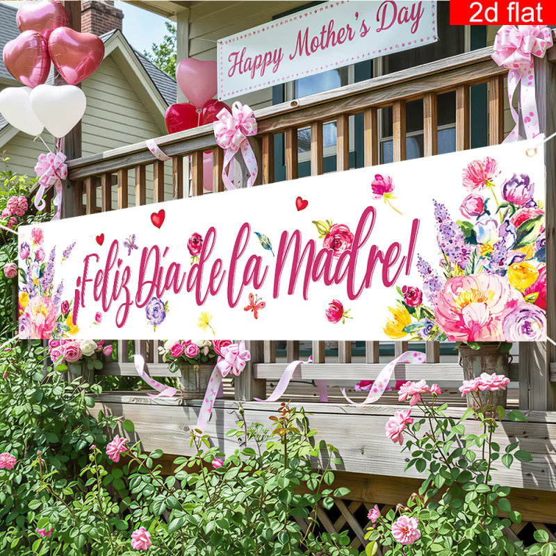 VIKAMA Spanischsprachiges Muttertags-Partybanner mit Blumen und Schmetterlingen, Mehrfarbiges Hintergrundtuch für den Außenbereich, B: 180 cm, H: 35 cm - Bild 2