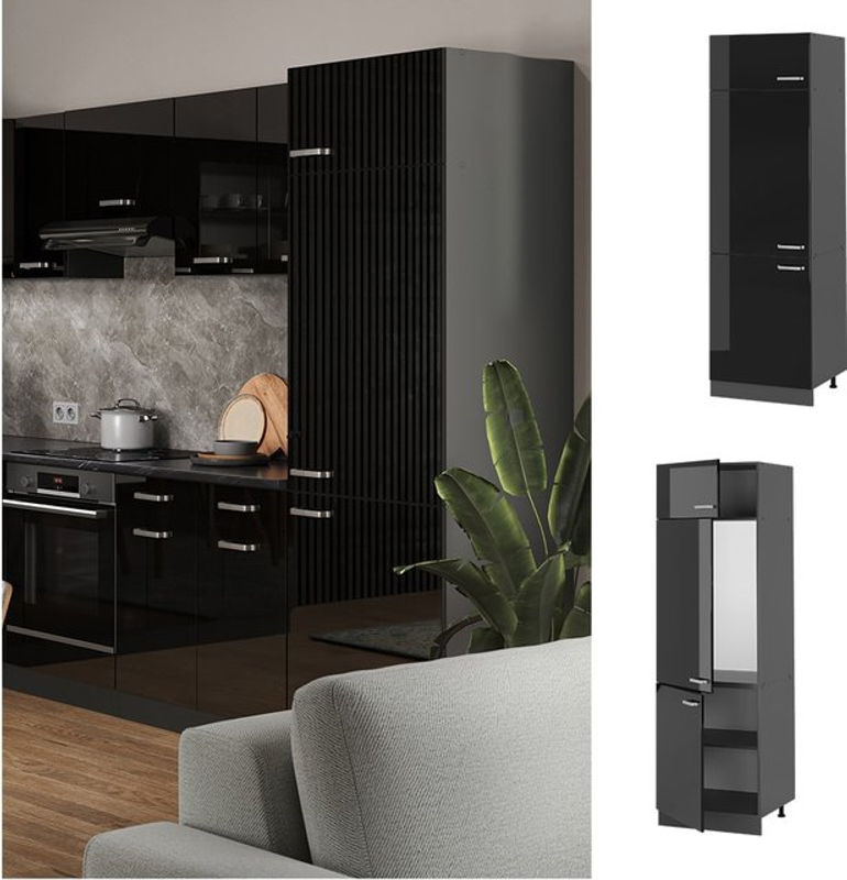 Vicco R-Line Kühlumbauschrank Hochschrank für die Küche Schwarz Hochglanz Anthrazit B/T/H: 60 x 55,93 x 207 cm - Bild 2