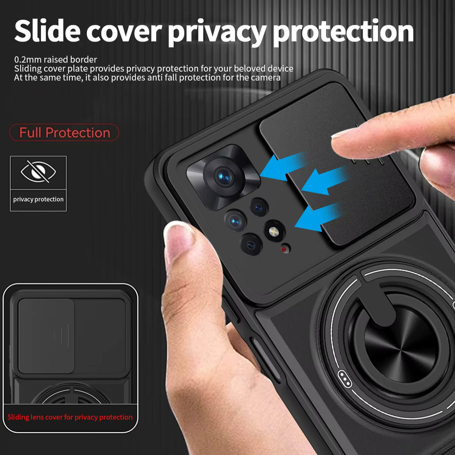 Stoßfeste Xiaomi Handyhülle für Redmi Note 11 und Redmi Note 12 Pro 4G/5G in Schwarz mit verschiebbarer Kamerakappe, Magnetring und Ständer - Bild 2
