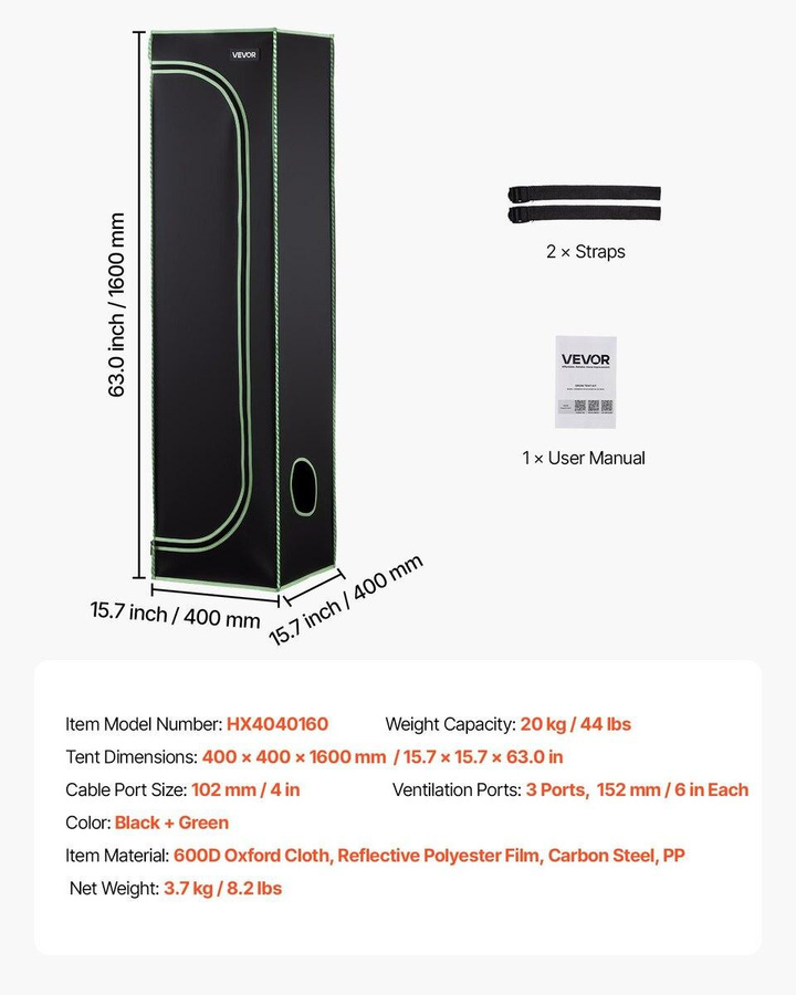 Buying Solutions MB Indoor Grow Zelt Schwarz B/T/H: 40 x 40 x 160 cm aus 600D Oxford-Gewebe mit Mylar-Beschichtung und Beobachtungsfenster - Bild 2