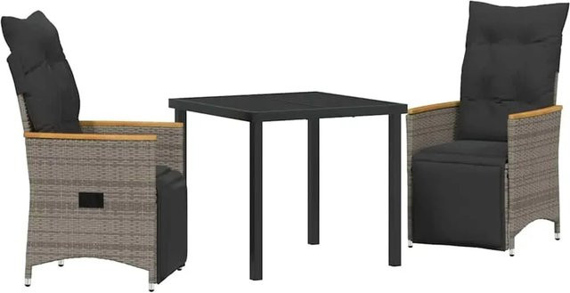 vidaXL Garten Essgruppe 3-teilig aus Poly Rattan und Stahl in Grau mit Kissen und Sicherheitsglas - Bild 1