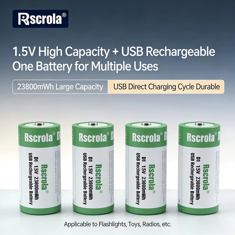 Rscrola Wiederaufladbare D-Größe Batterie 1,5V mit USB-C Schnellladung, 23800mWh, Farbe: Grün - Bild 2