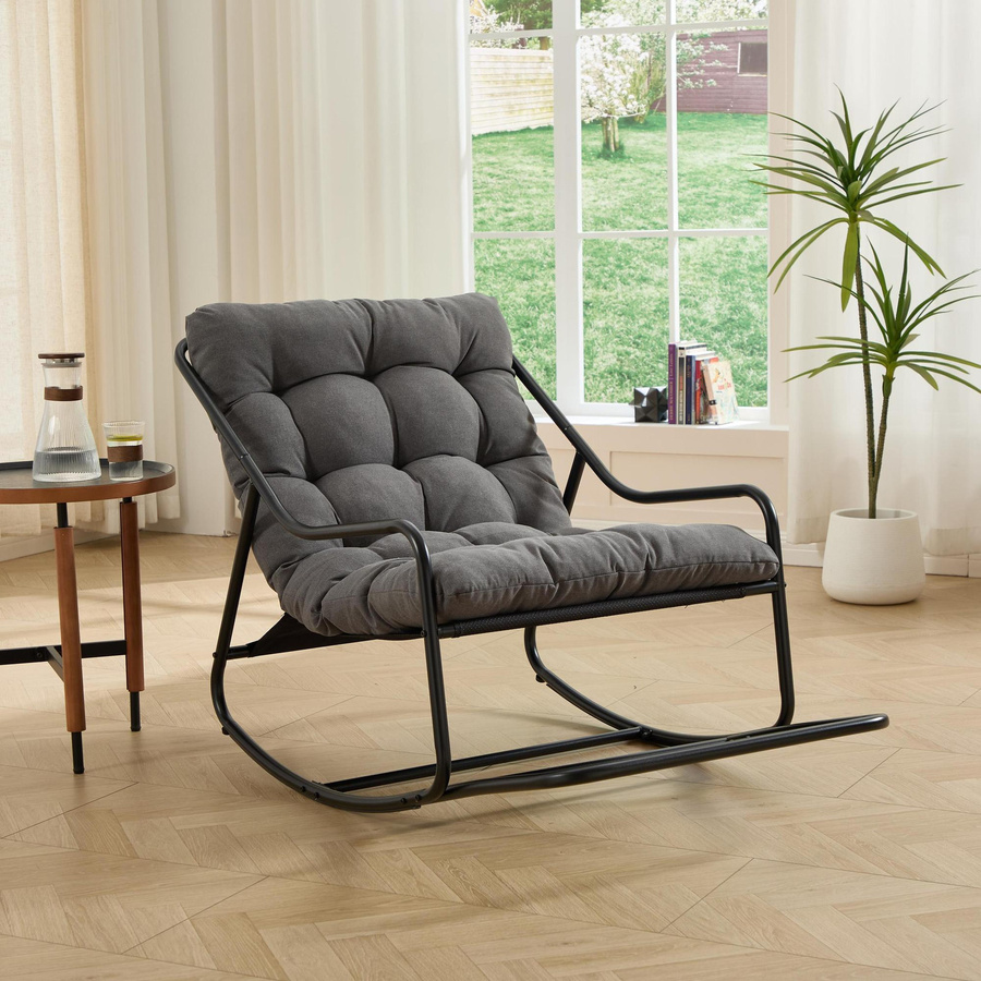 Moderner Outdoor-Schaukelstuhl mit Komfortkissen aus Metall in Grau und Schwarz, B/T/H: 75 x 116 x 82 cm - Bild 2