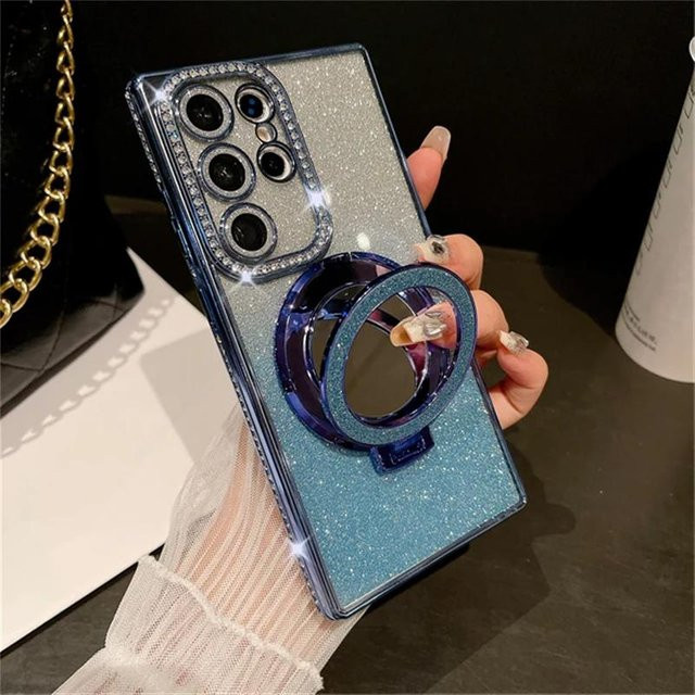 Luxus Glitter Spiegelhülle für Samsung Galaxy S25 S24 S23 S22 Ultra und Plus in Blau mit Diamantrahmen und Flash Plating - Bild 1