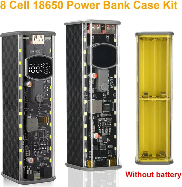 Gaqqee DIY Powerbank-Gehäuse Set Transparent Schwarz mit LED-Licht für 8 Zellen 18650 Akkus und PD 65W/45W Schnellladung - Bild 1