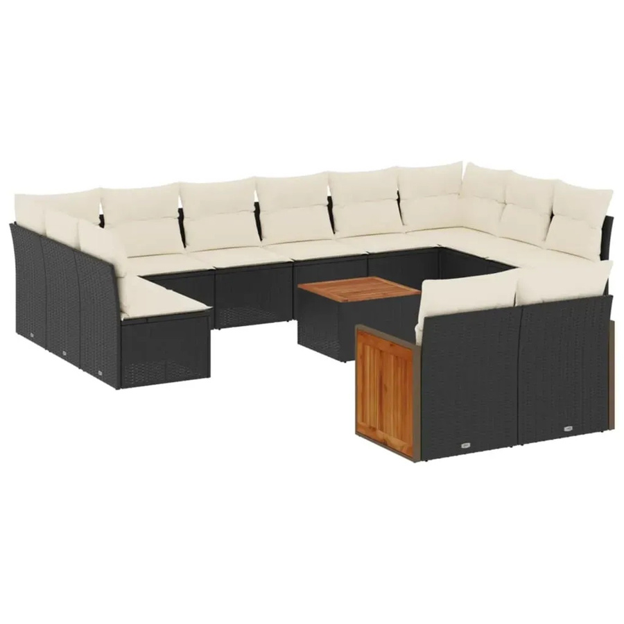 vidaXL 13-teilige Garten-Sofagarnitur aus Poly-Rattan und Akazienholz in Schwarz-Creme mit Kissen - Bild 2