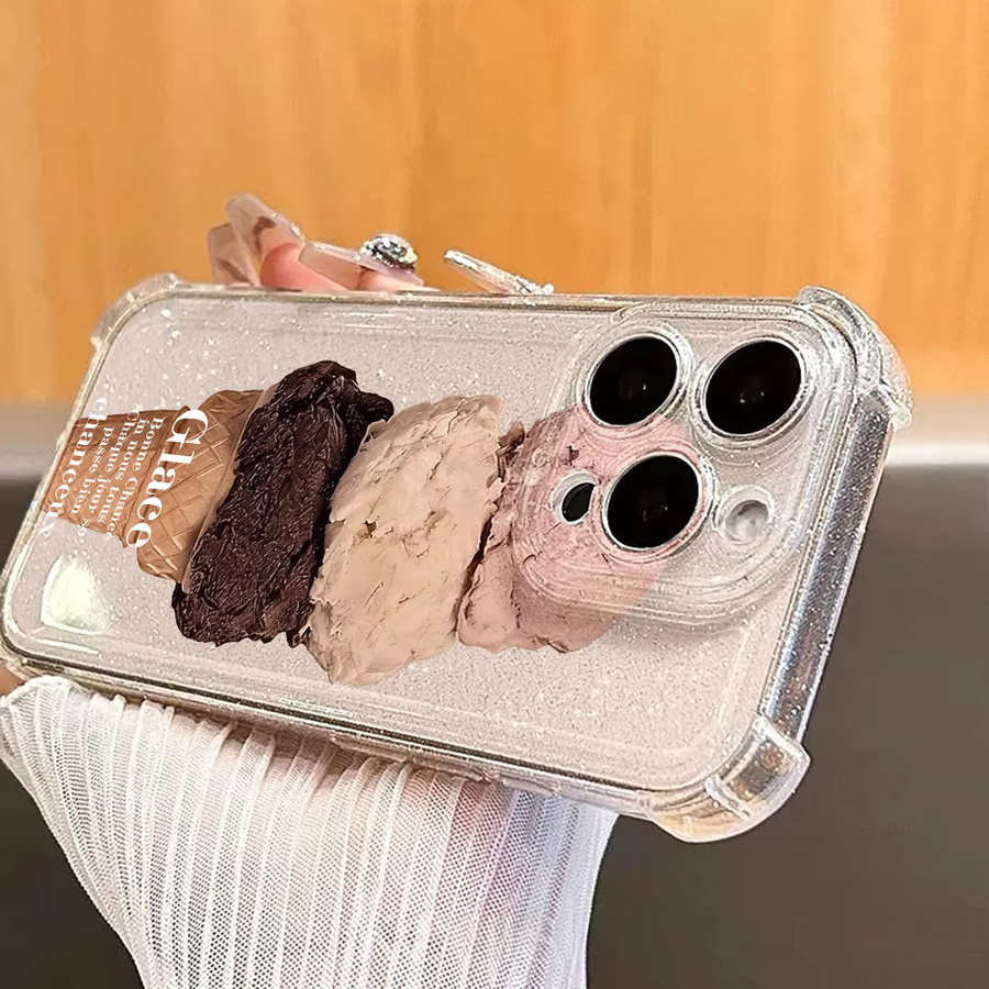 Glitzernde Handyhülle mit Eiscreme-Muster für Apple iPhone 17, 16, 15, 14, 13, 12, 11 Pro Max, sturzsicheres Silikon-Softcover, transparent - Bild 6