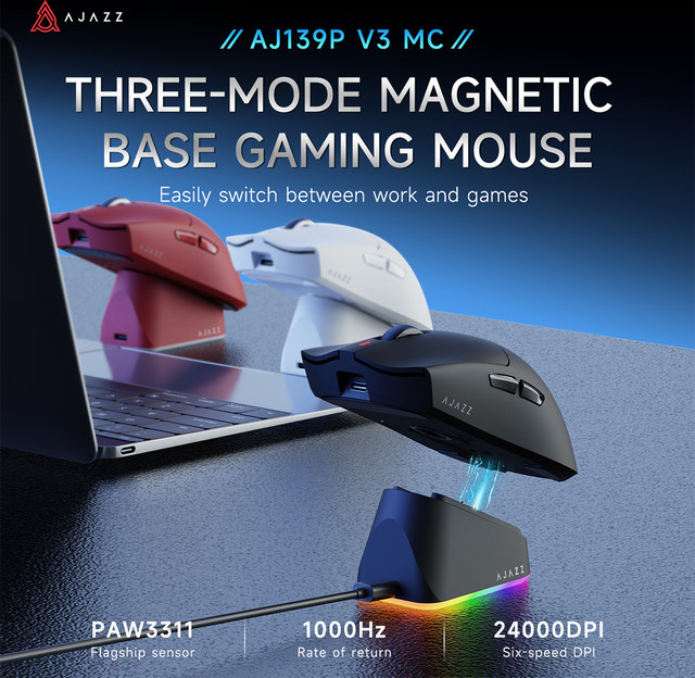 AJAZZ AJ139 V3 MC Kabellose Gaming-Maus mit magnetischer RGB-Ladestation, 24000 DPI, PAW3311, Bluetooth, Schwarz - Bild 1