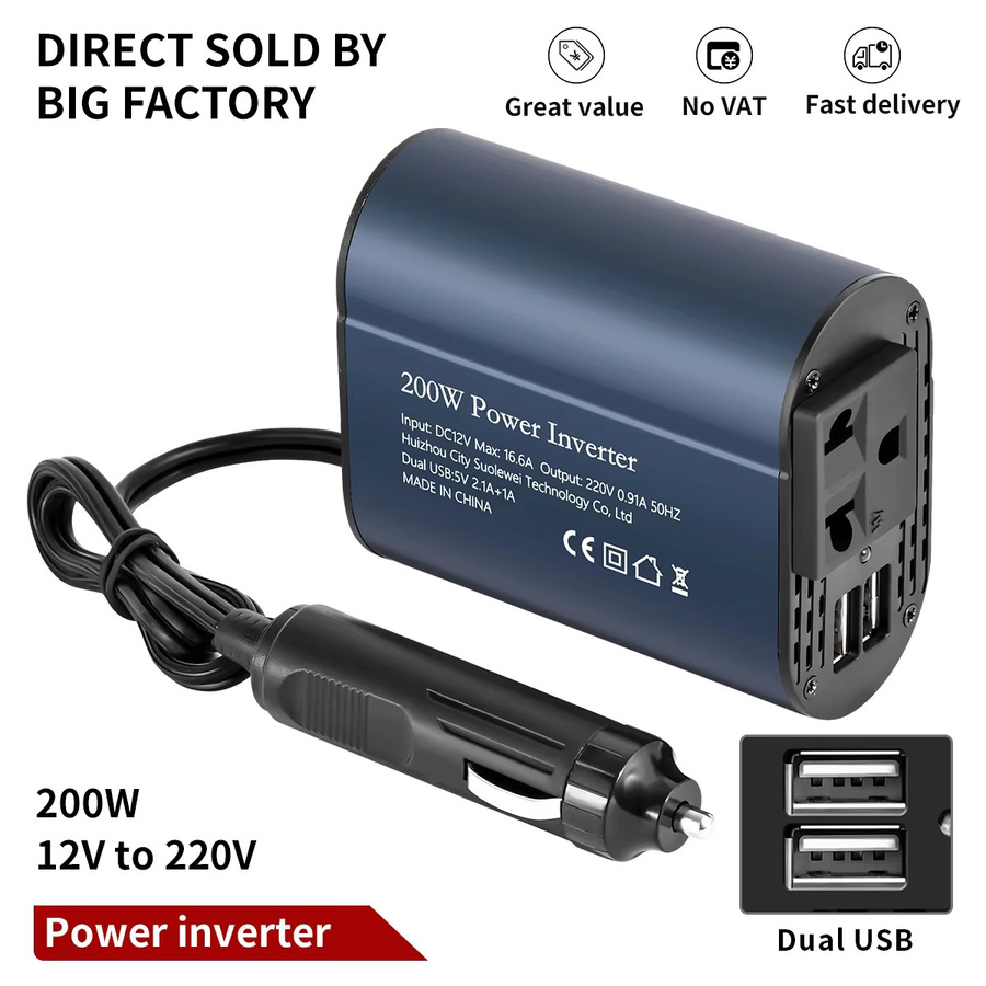 Tragbarer Auto-Wechselrichter Konverter DC 12V zu AC 220V 50Hz mit 200W Leistung und zwei USB-Anschlüssen in Blau - Bild 4
