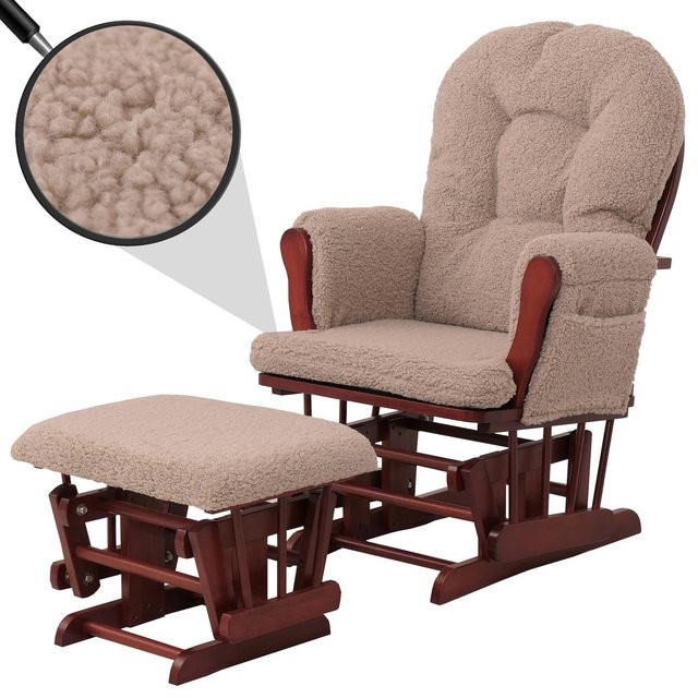 MCW Relaxsessel C76 Schaukelstuhl mit Hocker aus Stoff Bouclé in Braun und Beige mit Holzgestell aus Gummibaumholz und Öko-Tex Zertifizierung - Bild 1