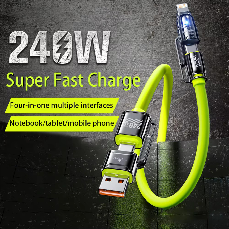Salange 4-in-1 Superschnelllade-Datenkabel mit 240 W, Dual Typ C, Lightning und USB-Anschlüssen, Farbe: Grau - Bild 2