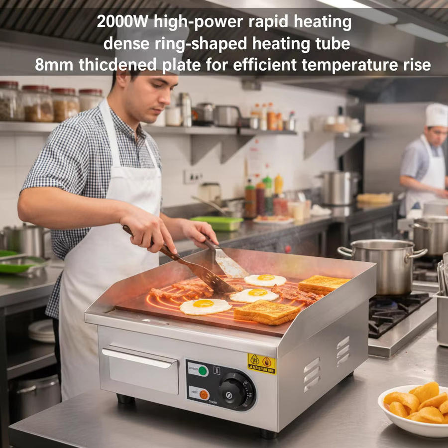 Bymaocar Elektrische Grillplatte aus Edelstahl mit 2000W Leistung, 14 Zoll, Silber, Einstellbare Temperatur 122-572°C - Bild 2