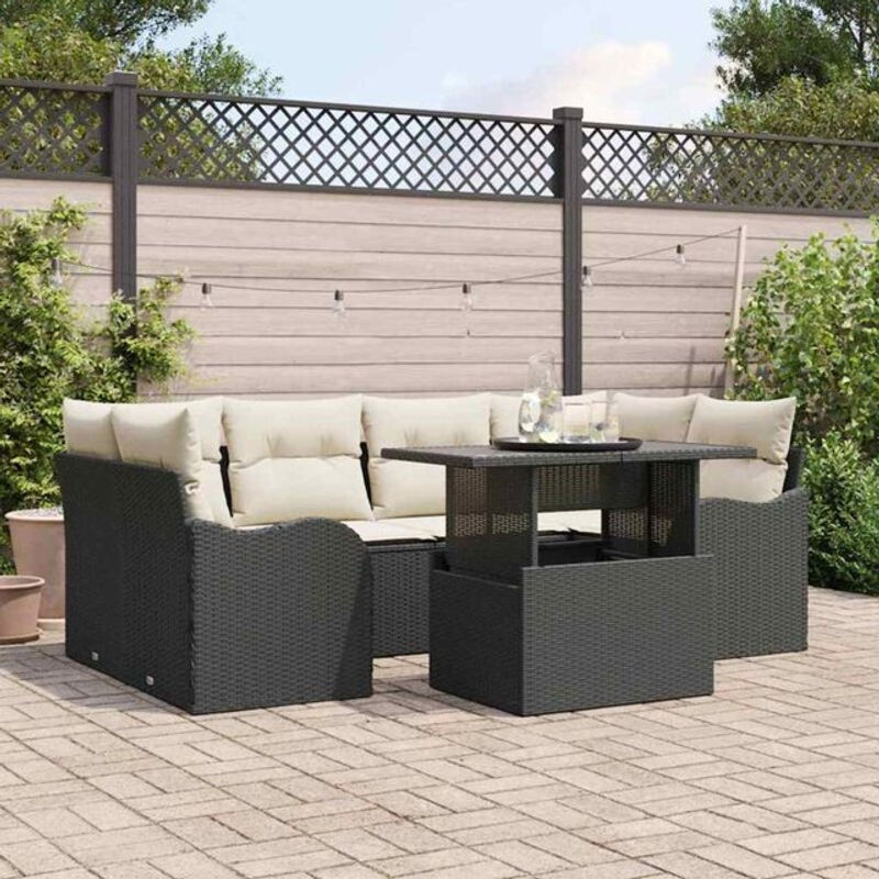 vidaXL Loungemöbel Garten-Sofa-Set aus Polyrattan mit Kissen und Glastisch in Schwarz, 7-teilig - Bild 1