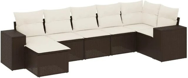 vidaXL 7-tlg. Garten-Sofagarnitur in L-Form aus Polyrattan mit Kissen in Braun - Bild 1