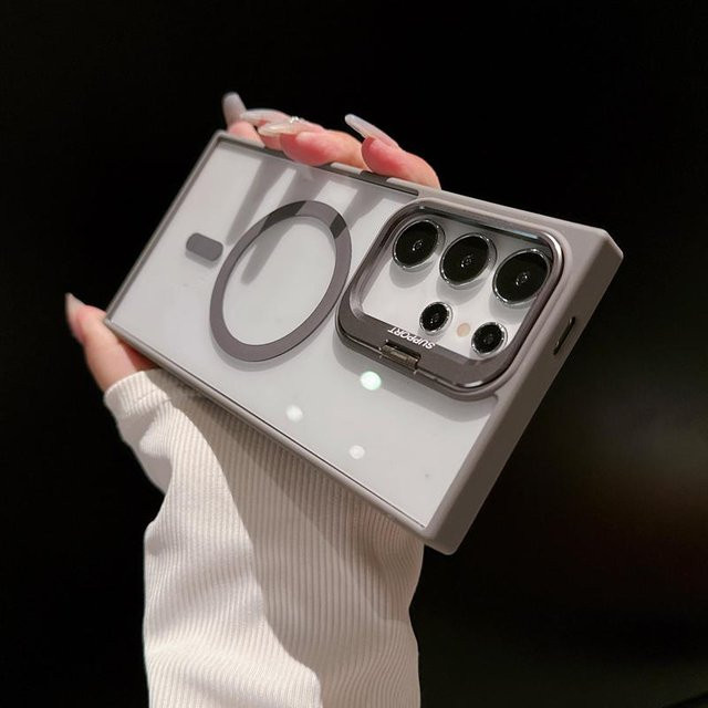 Magnetisches stoßfestes Gehäuse für Samsung Galaxy S24 S23 S22 Ultra Plus FE mit Magsafe Funktion, Standfunktion und Glas-Objektivschutz, Farbe: Transparent/Grau - Bild 1