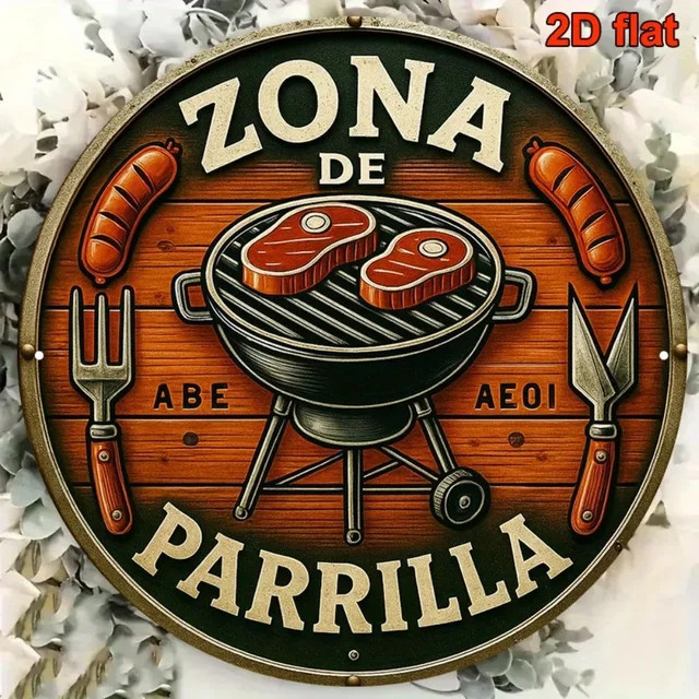 CIFBUY Retro Metallschild Zona De Parrilla Rund in Mehrfarben für den Außenbereich, Wandkunst für Terrasse und Grillraum, Durchmesser: 20 cm - Bild 1