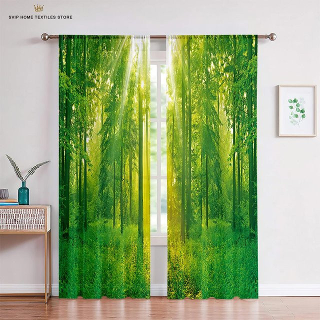 Yiran Furniture Herbstliche Wald Tüllvorhänge mit Naturlandschaft, Transparente Voile-Vorhänge, Grün, B: 50 cm, H: 130 cm, 2 Stück - Bild 1