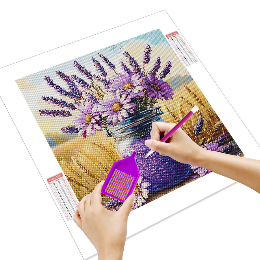 Huacan Diamantgemälde mit Gänseblümchen, Lavendel und Vase in Multicolour, florales Diamantmosaik-Wandbild mit runden Steinen, Breite: 20 cm, Höhe: 20 cm - Bild 2