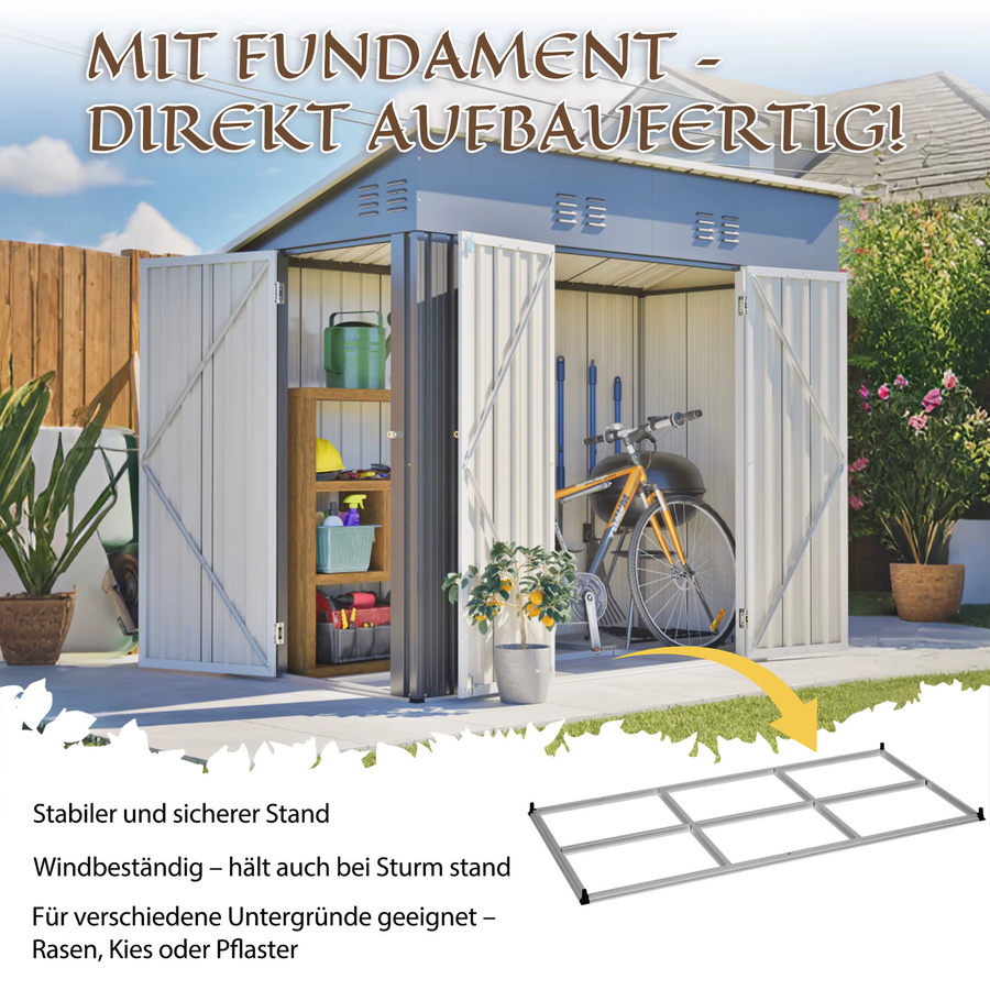 GIHAUVIA Outdoor-Gartenschuppen aus Metall in Grau mit Metallboden, schrägem Dach und doppelt abschließbaren Türen, B/T/H: 229 x 111 x 192 cm - Bild 4