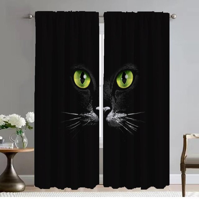 2-teiliges Tüll-Vorhangset mit schwarzem Katzen-Motiv von Household supplies MH, halbtransparent, Farbe Schwarz, Breite: 50 cm, Höhe: 70 cm pro Stück - Bild 1