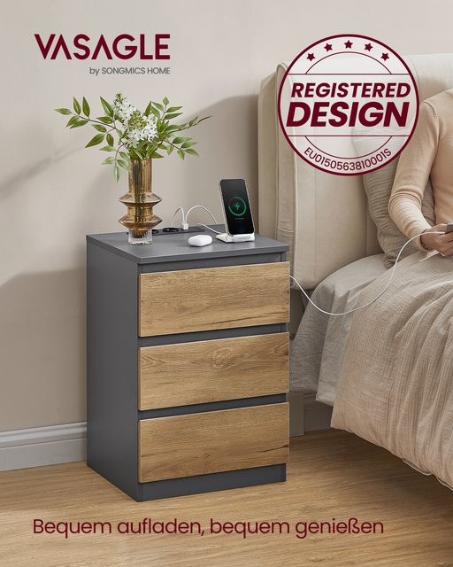 VASAGLE 2er Set Nachttische in Grau mit 3 Schubladen und integrierter Steckdosenleiste inklusive 2 AC-Steckdosen und 2 USB-A-Anschlüssen - Bild 1