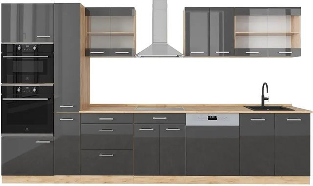 Vicco Küchenzeile R-Line in Anthrazit Hochglanz und Eiche, Breite: 350 cm - Bild 2