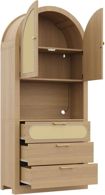 okwish Vitrinenschrank mit Rattantüren und LED-Beleuchtung für dein Wohnzimmer, Farbe: Natur, B/T/H: 80 x 35 x 180 cm - Bild 1