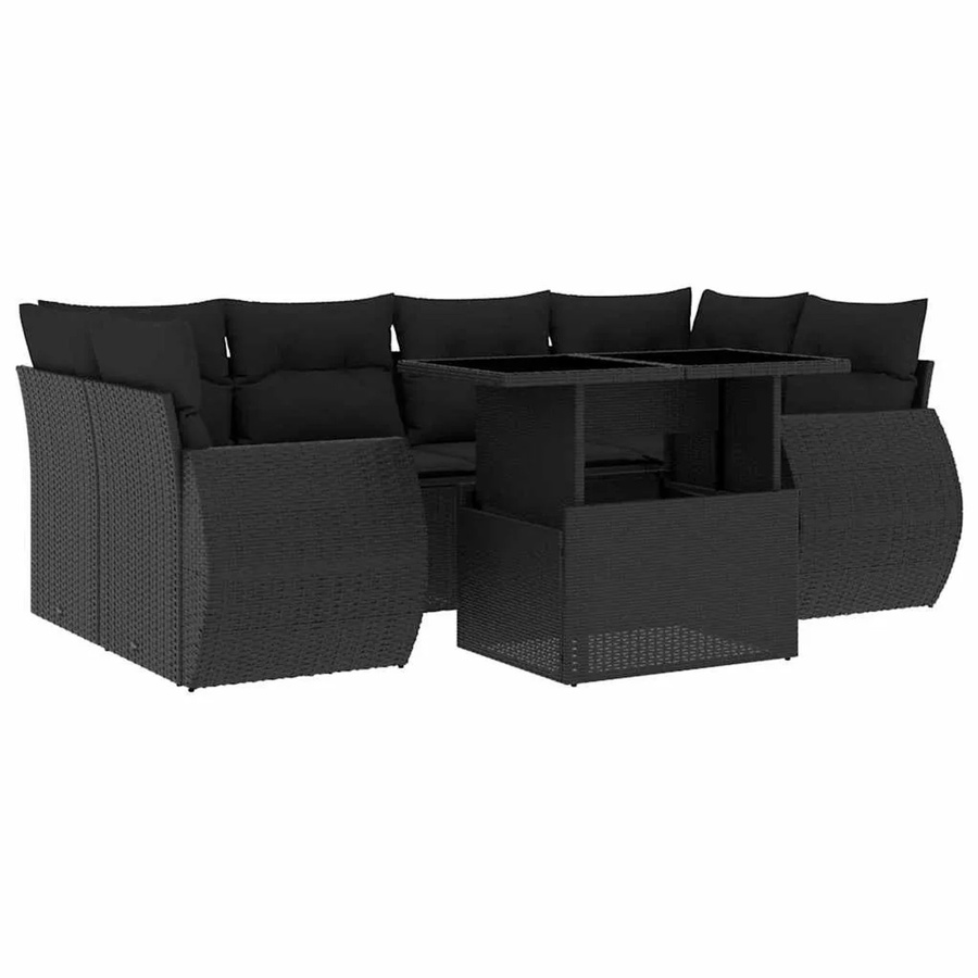 vidaXL 7-teilige Garten-Sofagarnitur in L-Form aus schwarzem Poly-Rattan mit Kissen und pulverbeschichtetem Stahlgestell - Bild 2