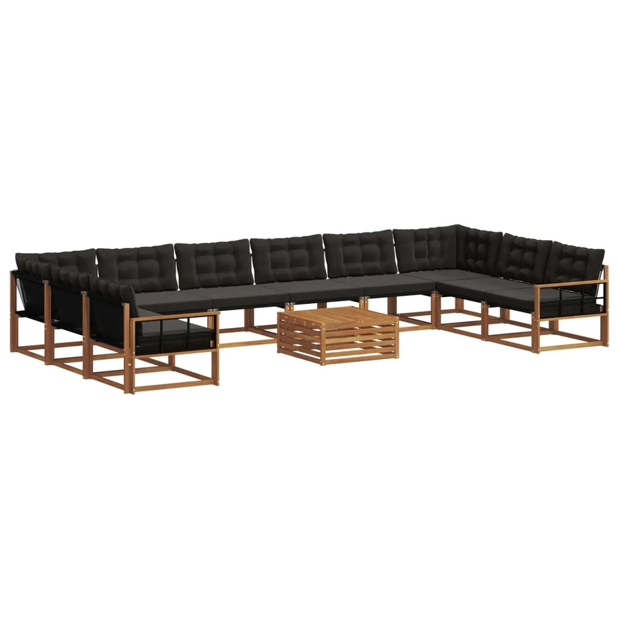 vidaXL Outdoor-Sofagarnitur aus Akazienholz in U-Form mit Textilene und Kissen, 11-teilig, Schwarz und Natur - Bild 2