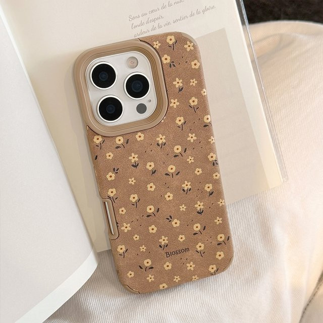MUQGEW Handyhülle mit gelben Blumen im Retro-Herbst-Design aus Wildleder-Leder-Textur für iPhone 16 15 14 13 12 11 Pro Max, stoßfest - Bild 1