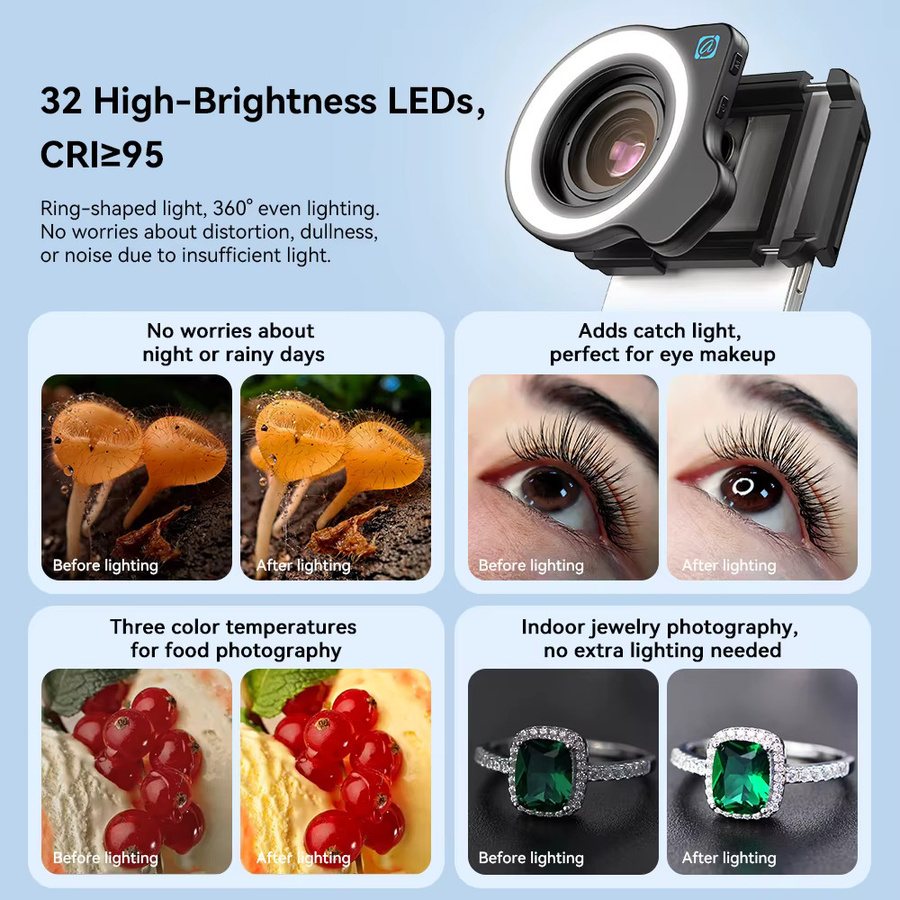 Apexel HD 10-20X Zoom-Makroobjektiv mit LED-Fülllicht in Schwarz für iPhone, Samsung und alle Smartphones zur Mikro- und Wimpern-Makrofotografie - Bild 3
