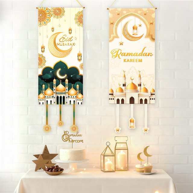 PATIMATE Ramadan Kareem Hängende Flagge Gold mit Mond-Motiv zur Dekoration für Eid Mubarak und Eid Al Adha - Bild 1