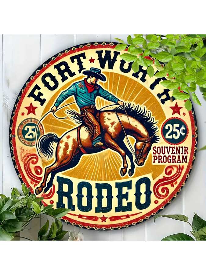 Potdemiel Vintage Fort Worth Rodeo Rundes Metallschild mit Cowboy- und Pferdedesign, Durchmesser: 20,3 cm, Mehrfarbig - Bild 7