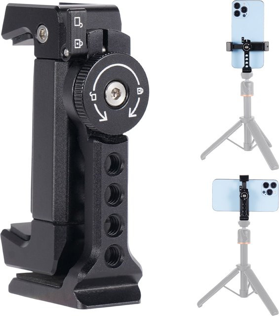 Metall-Telefonclip Halterung mit Kaltlichtschuh-Halterung für Stativ und LED-Licht, 360 Grad drehbar, Schwarz - Bild 1