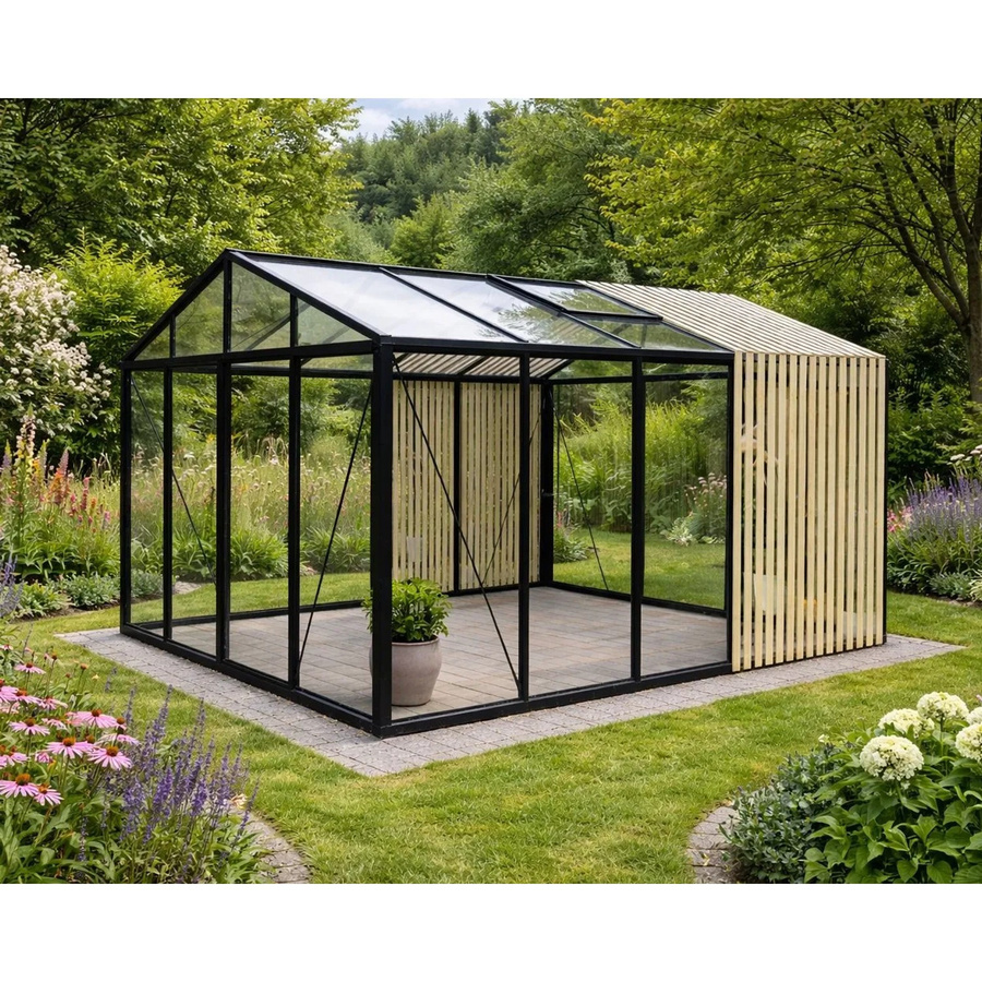 Bloomcabin Premium-Qualität Gewächshaus Accoya-Fusion GHCAF11 in Schwarz mit Sicherheitsglas, Aluminium, Accoya-Holz, integrierten Dachfenstern und Belüftungssystem - Bild 2