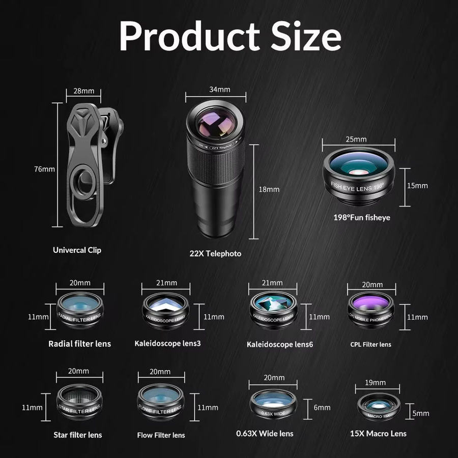 APEXEL 10-in-1 Smartphone Objektiv Set mit 22X Telezoom, Fischaugen, Weitwinkel, Makro und CPL Filter in Schwarz für alle Smartphones - Bild 2