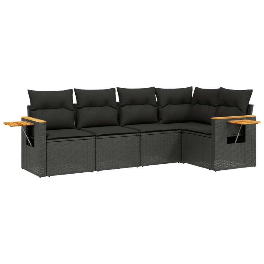 vidaXL 5-tlg. Garten-Sofagarnitur in L-Form aus PE-Rattan und Akazienholz mit Kissen, Schwarz - Bild 2