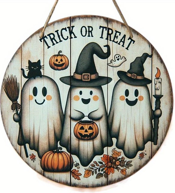 Mango Event Halloween Rundes Holz-Hängeschild mit Geistern und Kürbissen, Durchmesser: 20 cm, Grau - Bild 1