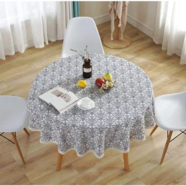 Runde Tischdecke Super Six aus Baumwolle und Leinen mit floralem Muster in Blau, Durchmesser: 130 cm - Bild 1