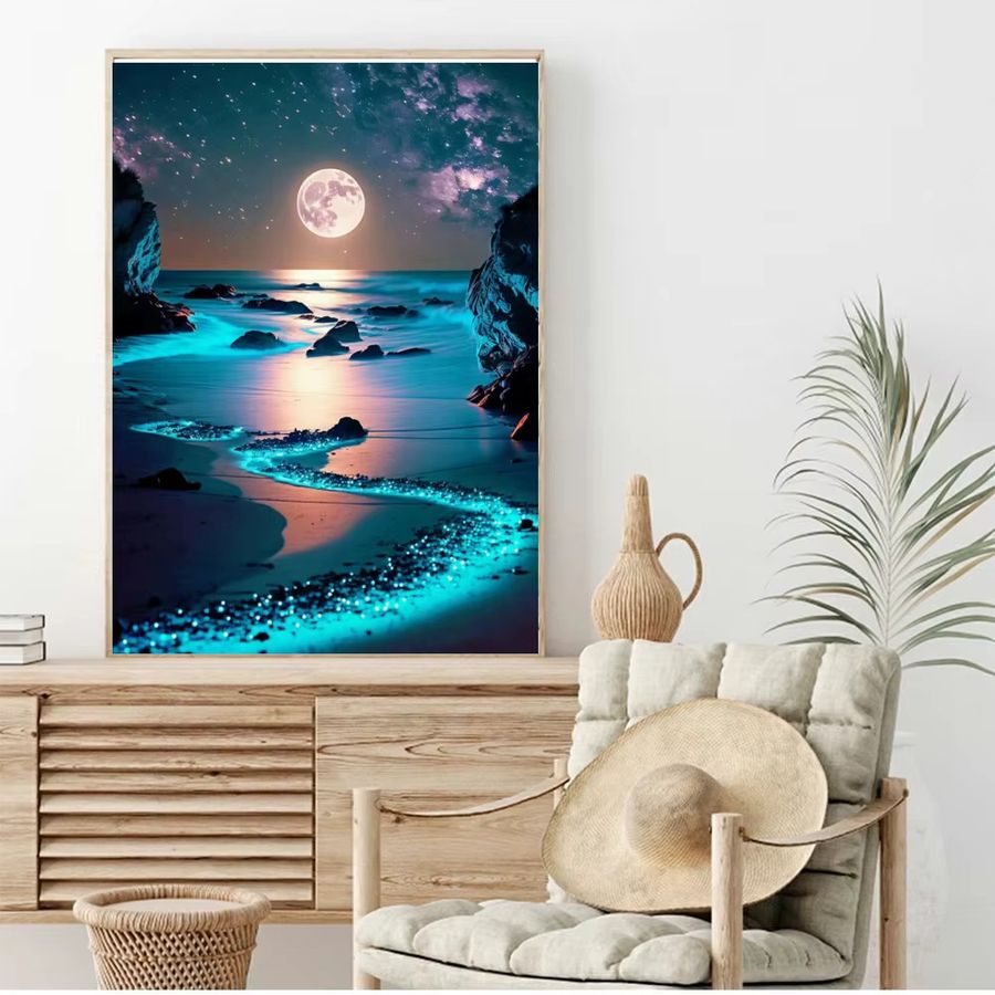 Potdemiel 5D Diamantgemälde zum Selbermachen mit Mond und Meer als Nachtlandschaft Mosaik-Stickerei für deine Heimdekoration mit runden Bohrern - Bild 2