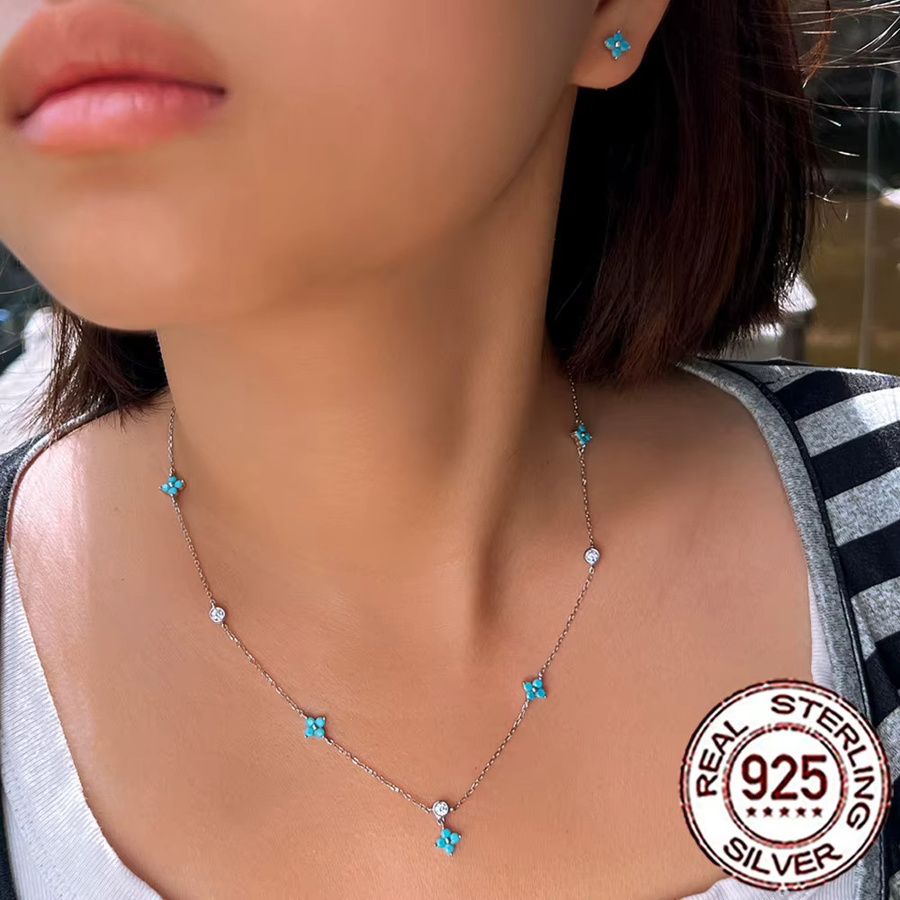 QooLady Schmuck-Set, Halskette, Ohrringe, 925 Silber, Türkis, Zirkonia, Damen - Bild 2