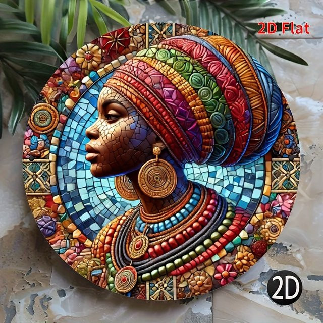 Potdemiel Afrikanische Damen-Mosaik Metallwandkunst, Runde Aluminium-Wanddekoration mit Ethnic-Mustern, Mehrfarbig, Durchmesser: 20,3 cm - Bild 1