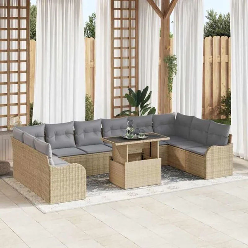 vidaxl Garten-Sofa-Set aus Poly-Rattan mit 11-teiligem Kissen-Set in Beige - Bild 1