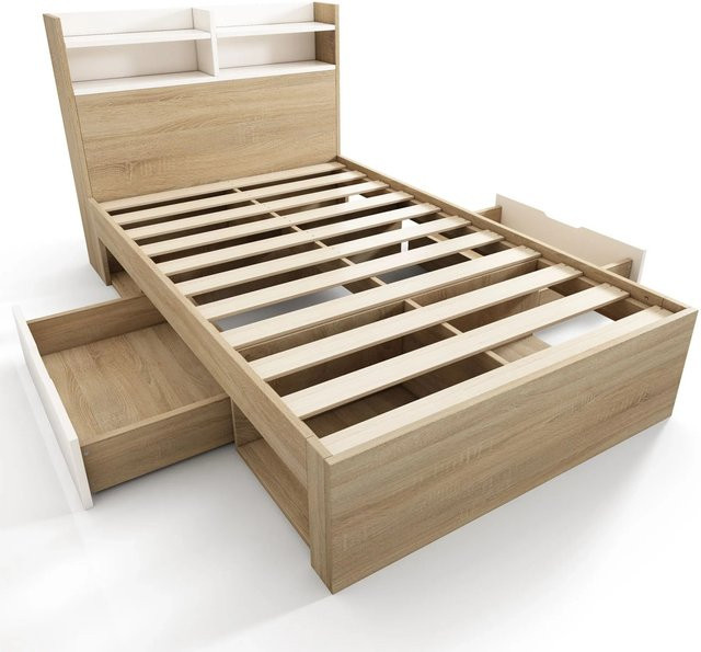 Merax Einzelbett mit Schubladen in Weiß und Eiche, B/T/H: 90 x 190 x 214 cm - Bild 1