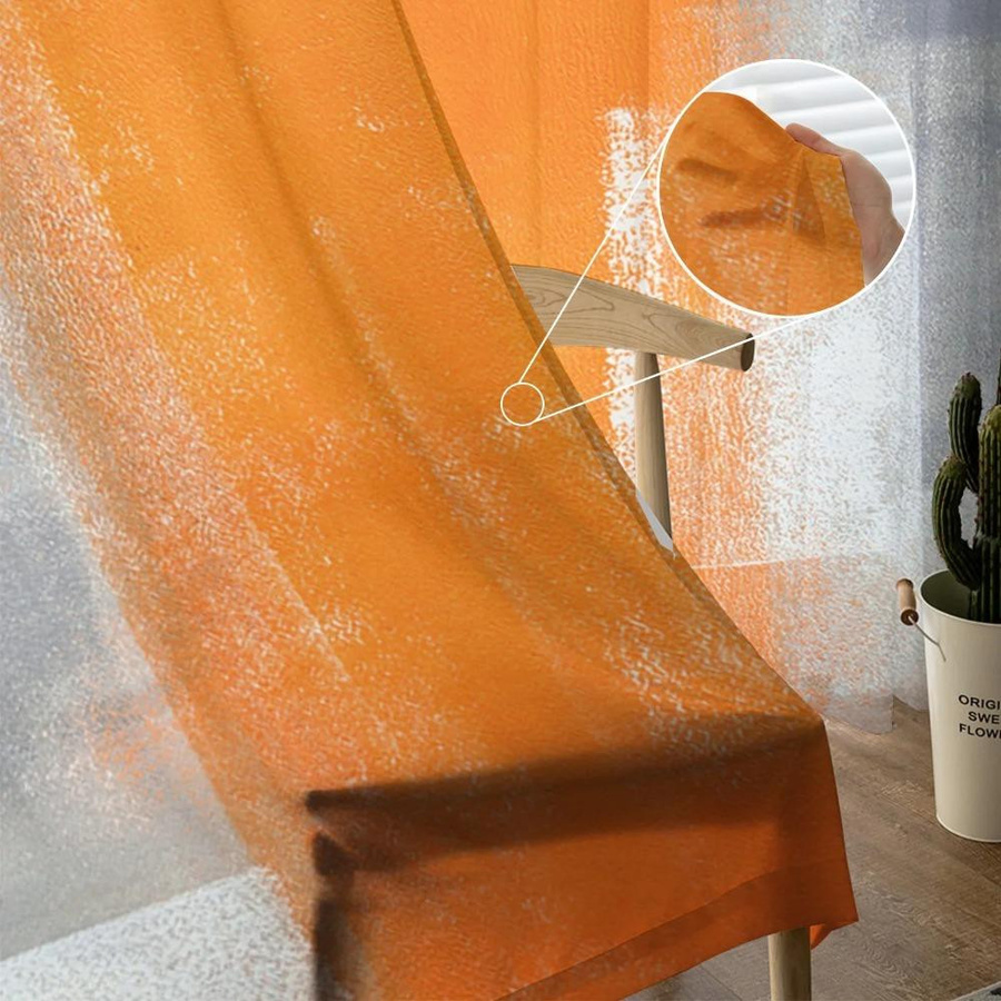 Yiran Furniture Transparente Voile-Vorhänge mit abstraktem Ölgemälde-Design in Orange und Grau, Breite: 135 cm, Höhe: 115 cm - Bild 2