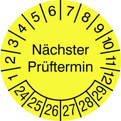 SafetyMarking Prüfplakette Nächster Prüftermin 2024-2029, selbstklebende Folie, Gelb-Schwarz, Durchmesser: 1,5 cm, 40 Stück - Bild 1