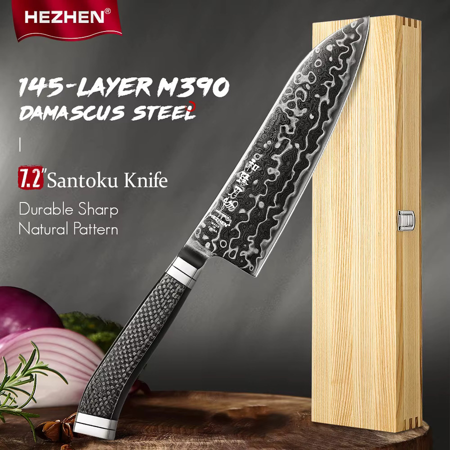 HEZHEN Santoku-Messer mit 7,2 Zoll Damastklinge aus M390 Stahl und Kohlefaser-Griff in Schwarz - Bild 2