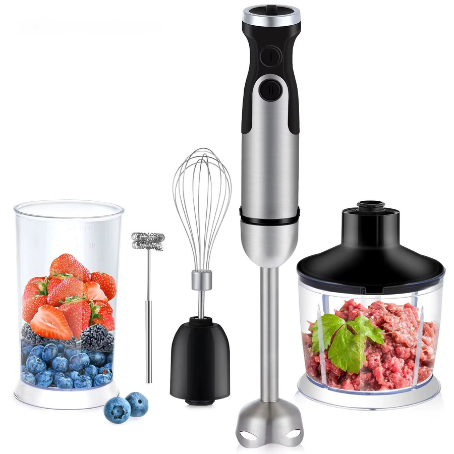BioloMix 5-in-1 Stabmixer in Silber aus Edelstahl mit 1200 W Leistung, inklusive Fleischwolf 800 ml, Zerkleinerer, Schneebesen und Smoothie-Becher 600 ml - Bild 1
